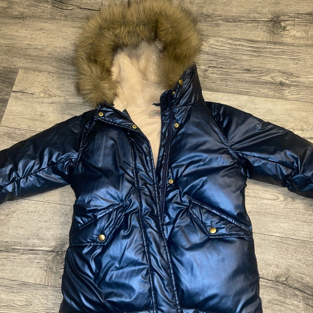 Shiny Navy Puffer Jacket with Faux Fur Hood